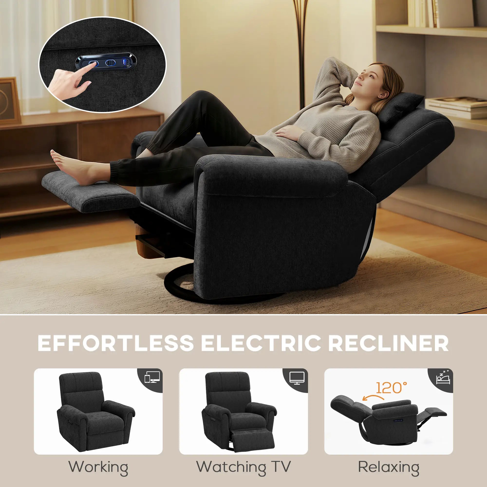 Power Recliner Chair, Fabric Upholstered, USB Ports, Swivel Rocking, Footrest, Black Single Sofas at Gallery Canada