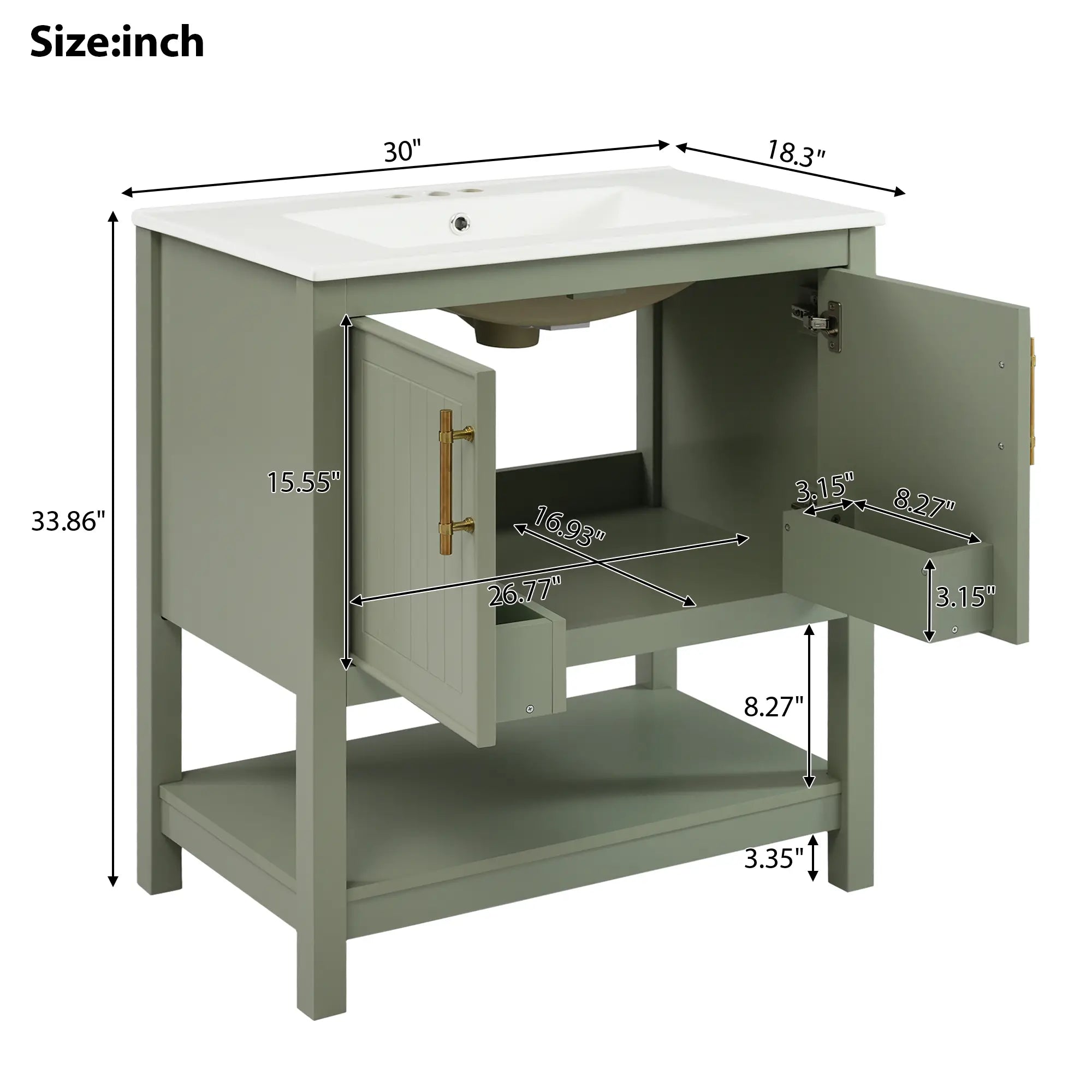 Bathroom Vanity with Ceramic Sink, Soft Close Doors, 30