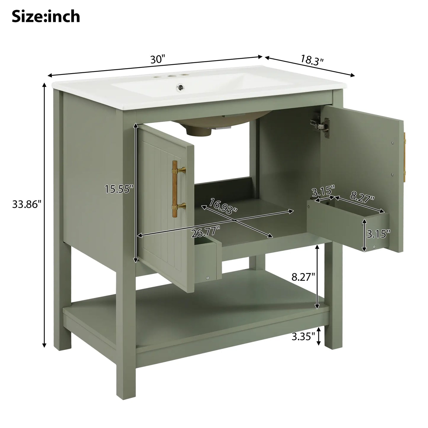 Bathroom Vanity with Ceramic Sink, Soft Close Doors, 30" L x 18.5" W x 34" H, Green+White Sink Cabinets at Gallery Canada