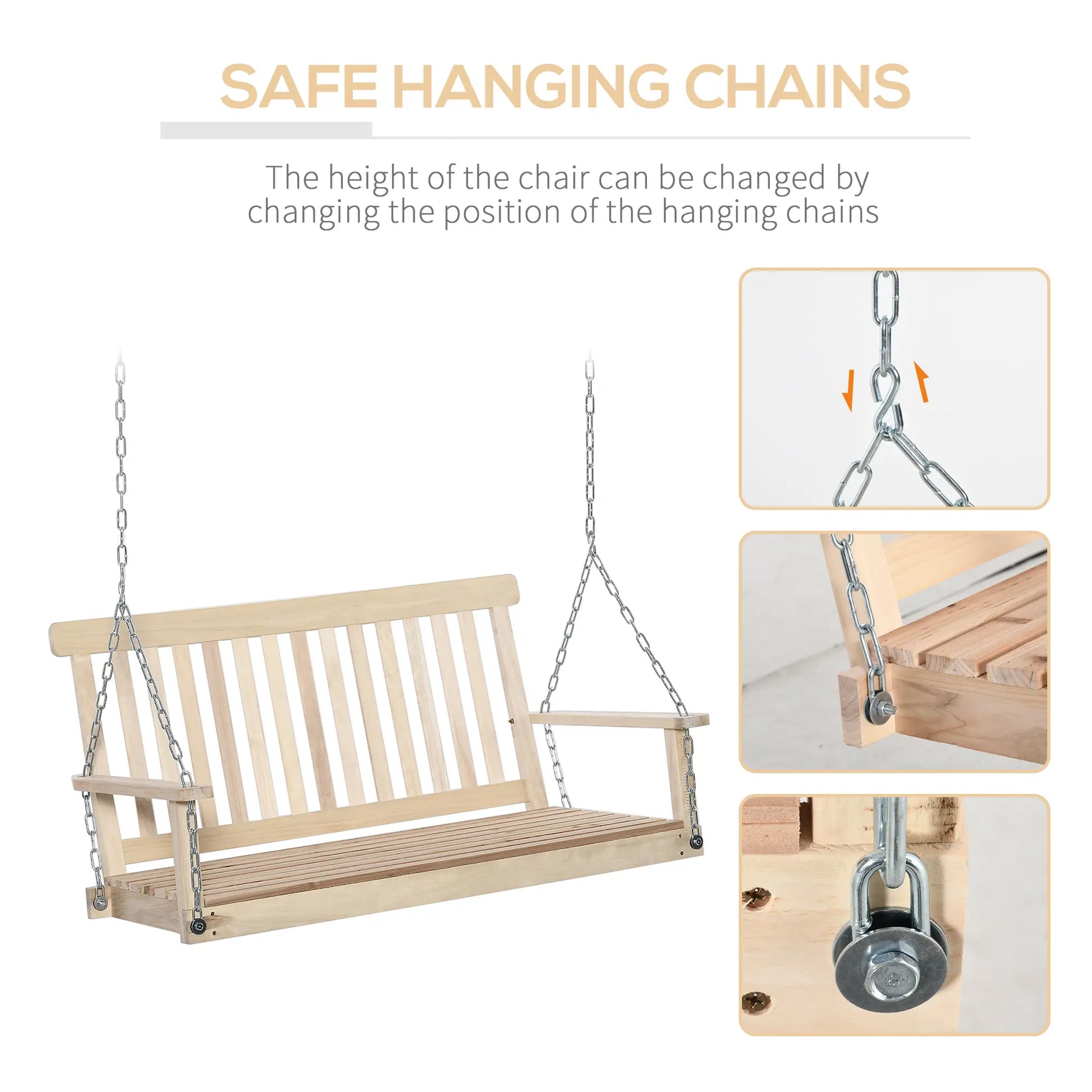 2 Person Wooden Porch Swing, Patio Chair with Chains, Slatted Back, Natural Patio Swings with Stand at Gallery Canada