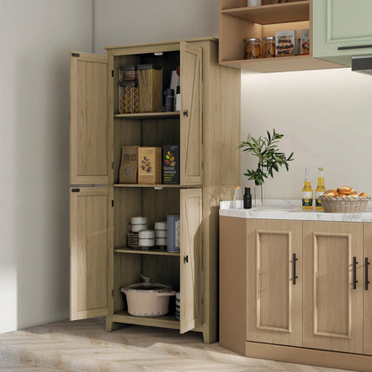 72" Freestanding Storage Cabinet, Kitchen Pantry with Doors, Shelves, Natural