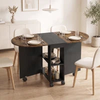 Folding Dining Table, Drop Leaf Design, 2 Shelves, 120cm, Rustic Brown, Brown