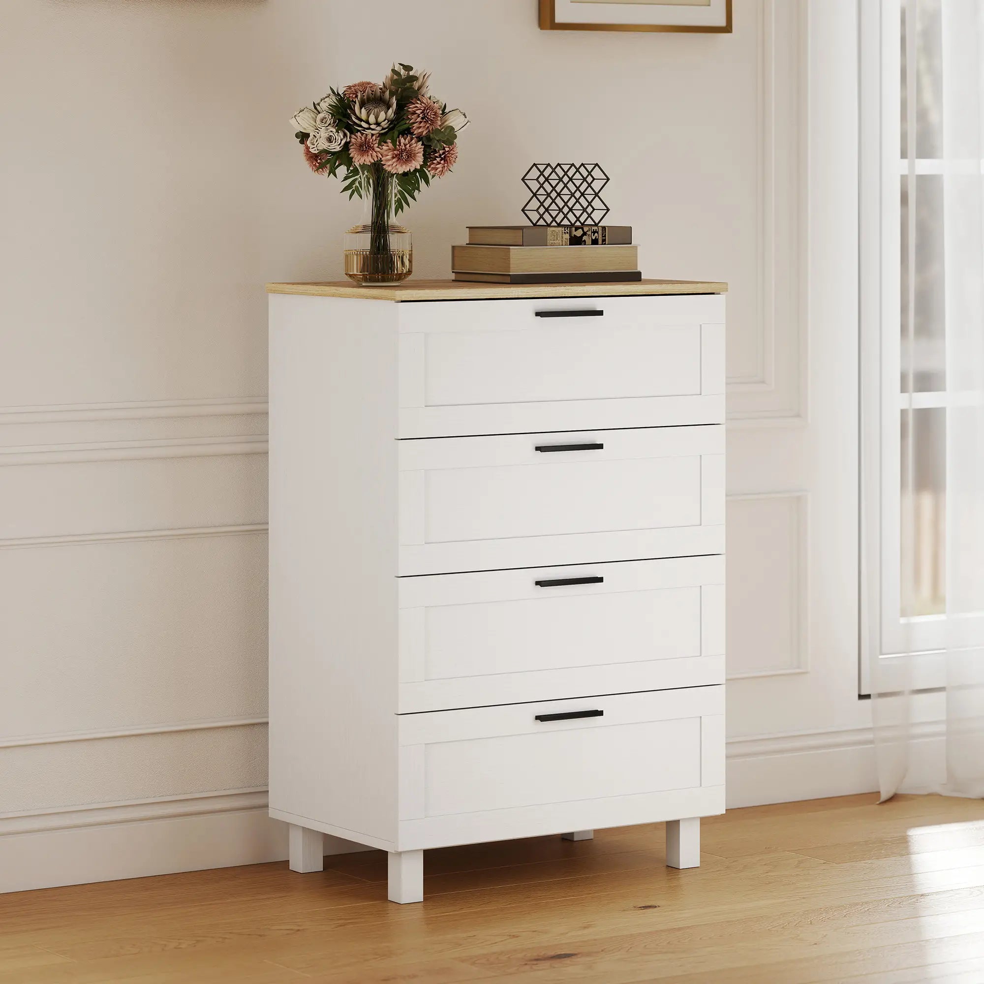 4 Drawer Dresser, Solid Wood Legs, White Storage Cabinets at Gallery Canada