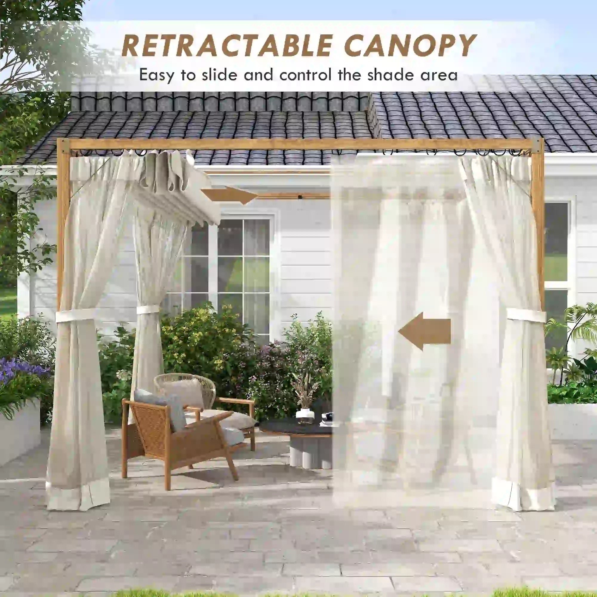 10 x 10 ft Retractable Pergola, Garden Gazebo with Netting, Natural Pergolas at Gallery Canada