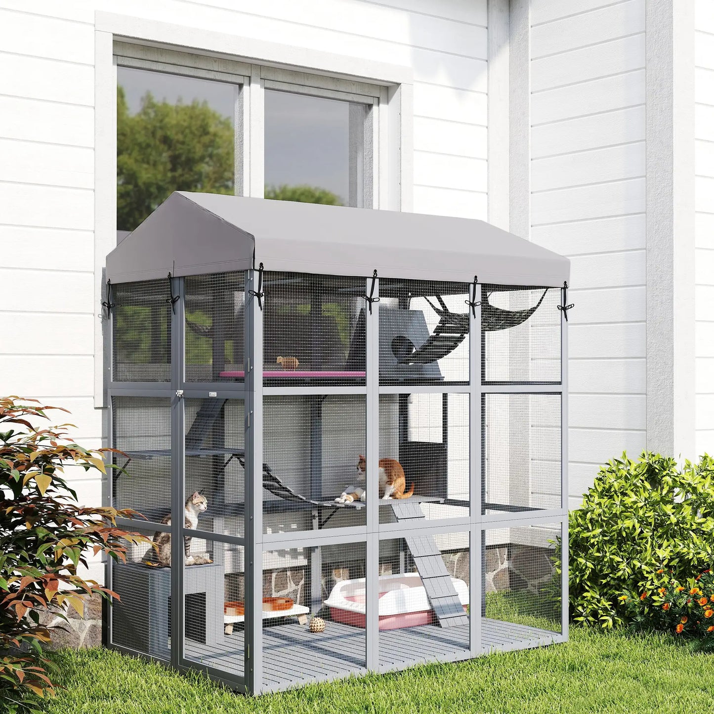 81"H Catio Outdoor Enclosure, Floor Included, Fits 2-4 Cats, Grey Outdoor Cat Enclosures at Gallery Canada