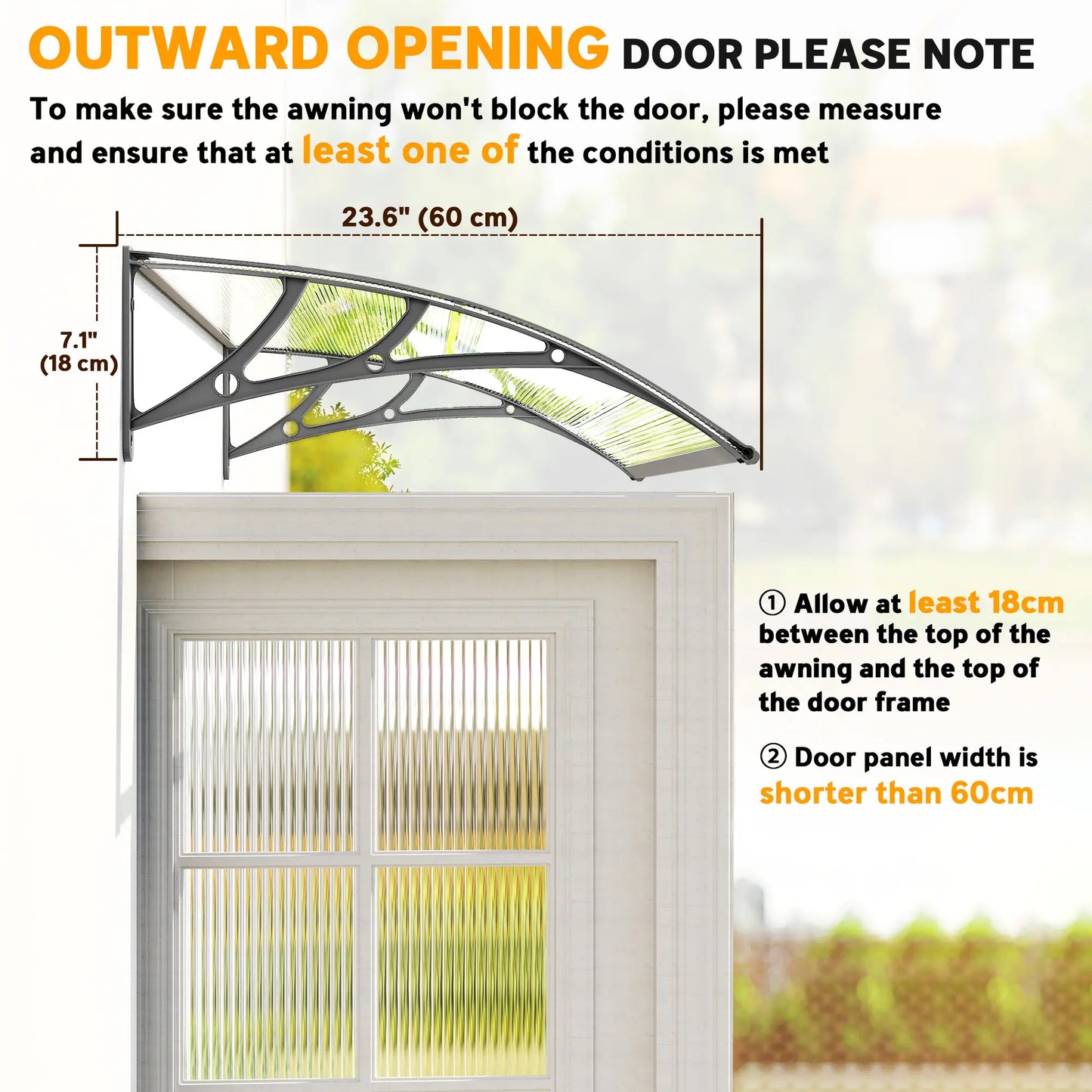 Window Awning Door Canopy, Polycarbonate Patio Cover, 43.3" x 23.6", Clear