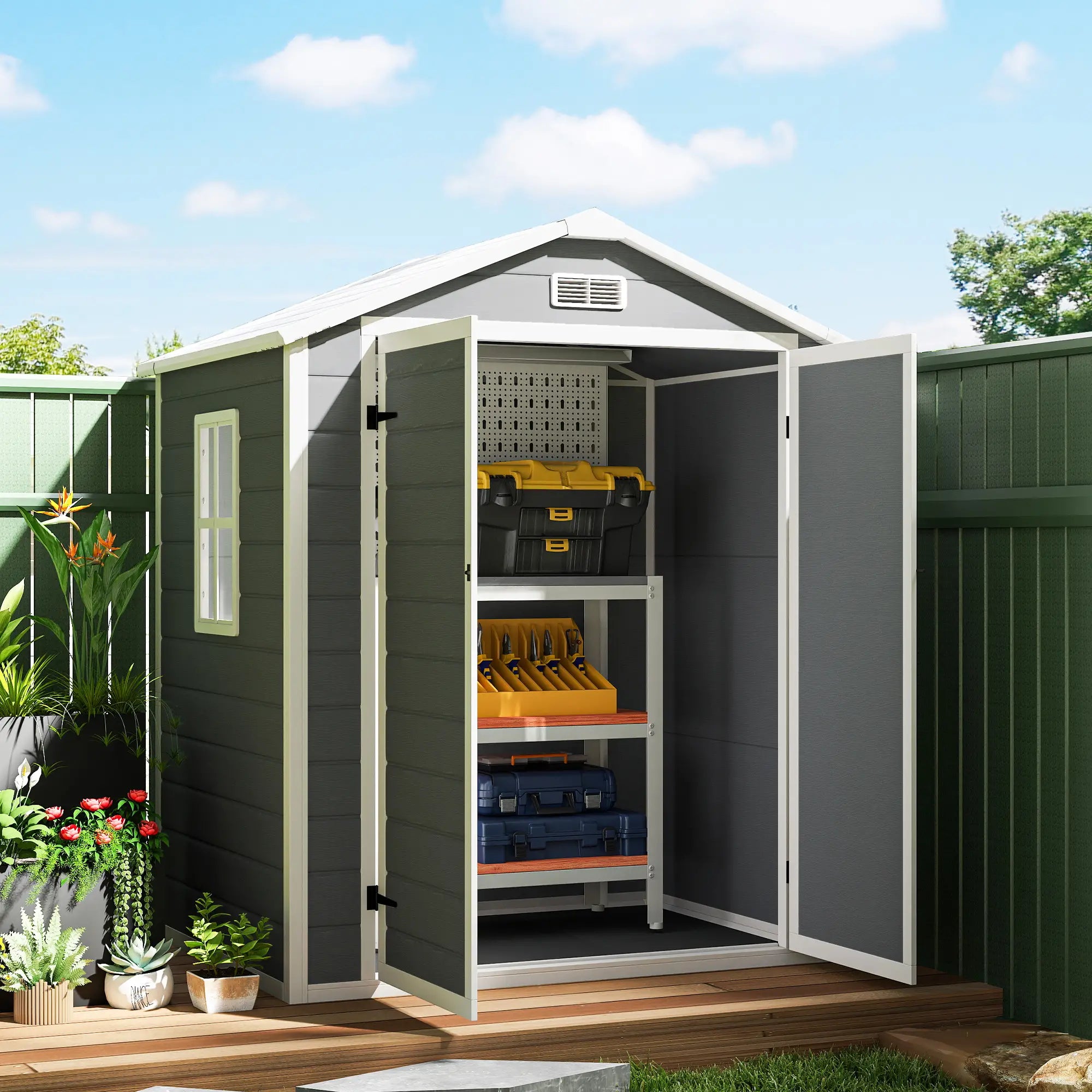 6x4.5ft Plastic Garden Shed, Lockable Tool Storage, Double Doors, Vent, Gray Sheds at Gallery Canada