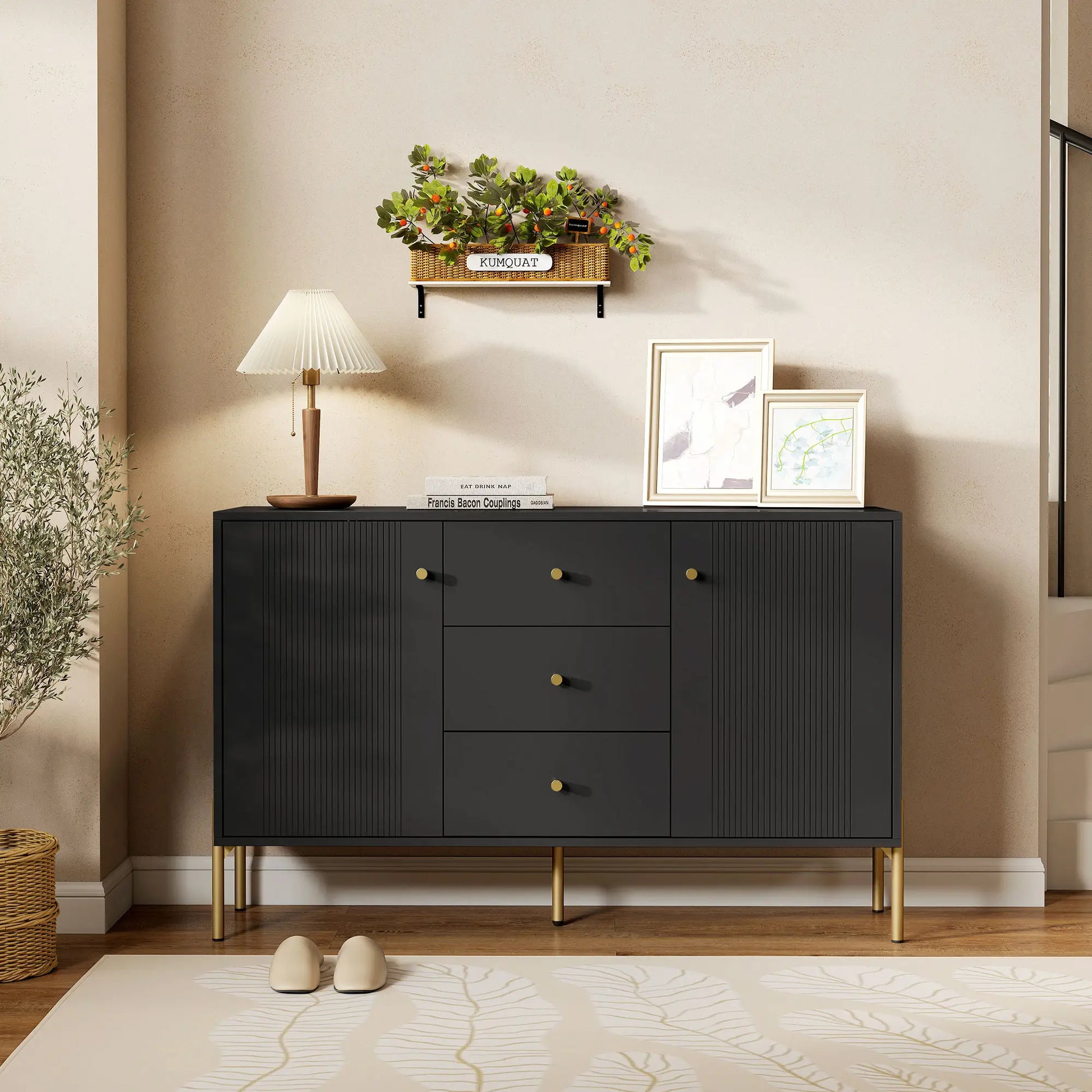 Buffet Cabinet, Modern Sideboard with 3 Drawers and 2 Shelves, Black Storage Cabinets at Gallery Canada