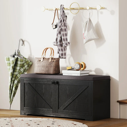 Shoe Storage Bench with Padded Seat, Entryway Bench, 8 Pairs, Black Wood Grain, Black Shoe Storage Cabinets & Racks at Gallery Canada