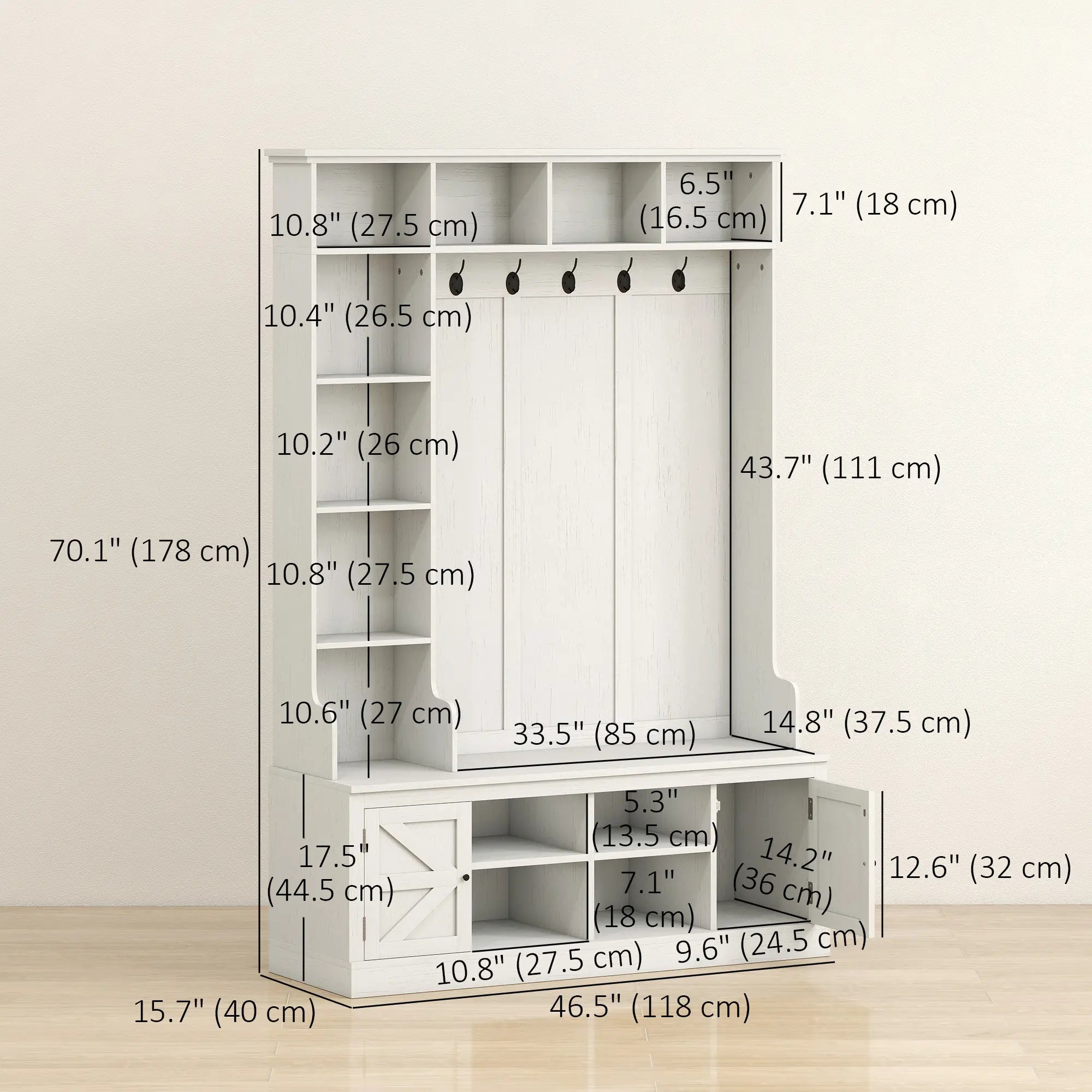 Hall Tree Bench With Shoe Storage, 12 Shelves, 2 Cabinets, 5 Hooks, White Clothing Storage at Gallery Canada
