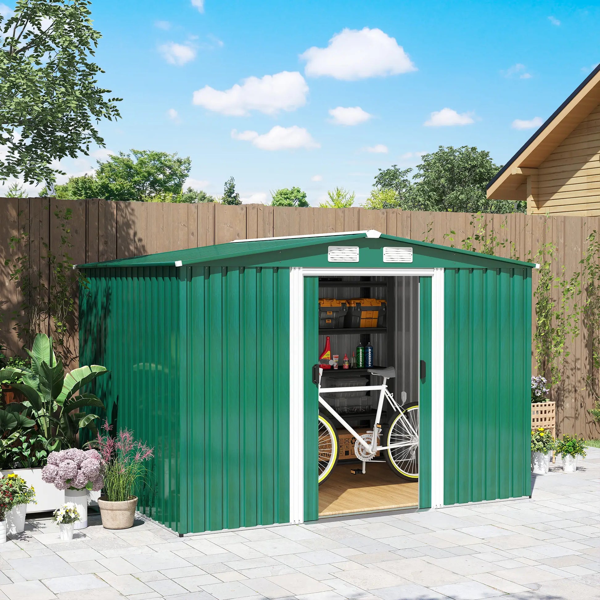 8.5' x 6.8' x 5.8' Garden Storage Shed, Double Sliding Door, 4 Vents, Green Sheds at Gallery Canada