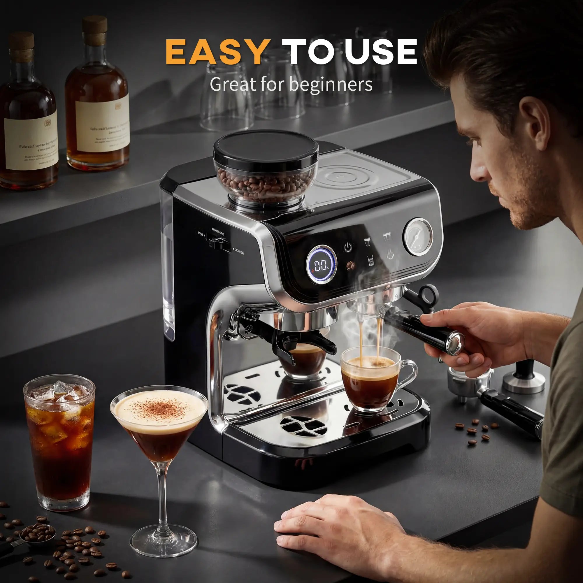 15 Bar Espresso Machine With Grinder & Milk Frother, Stainless Steel, Black Small Kitchen Appliances at Gallery Canada