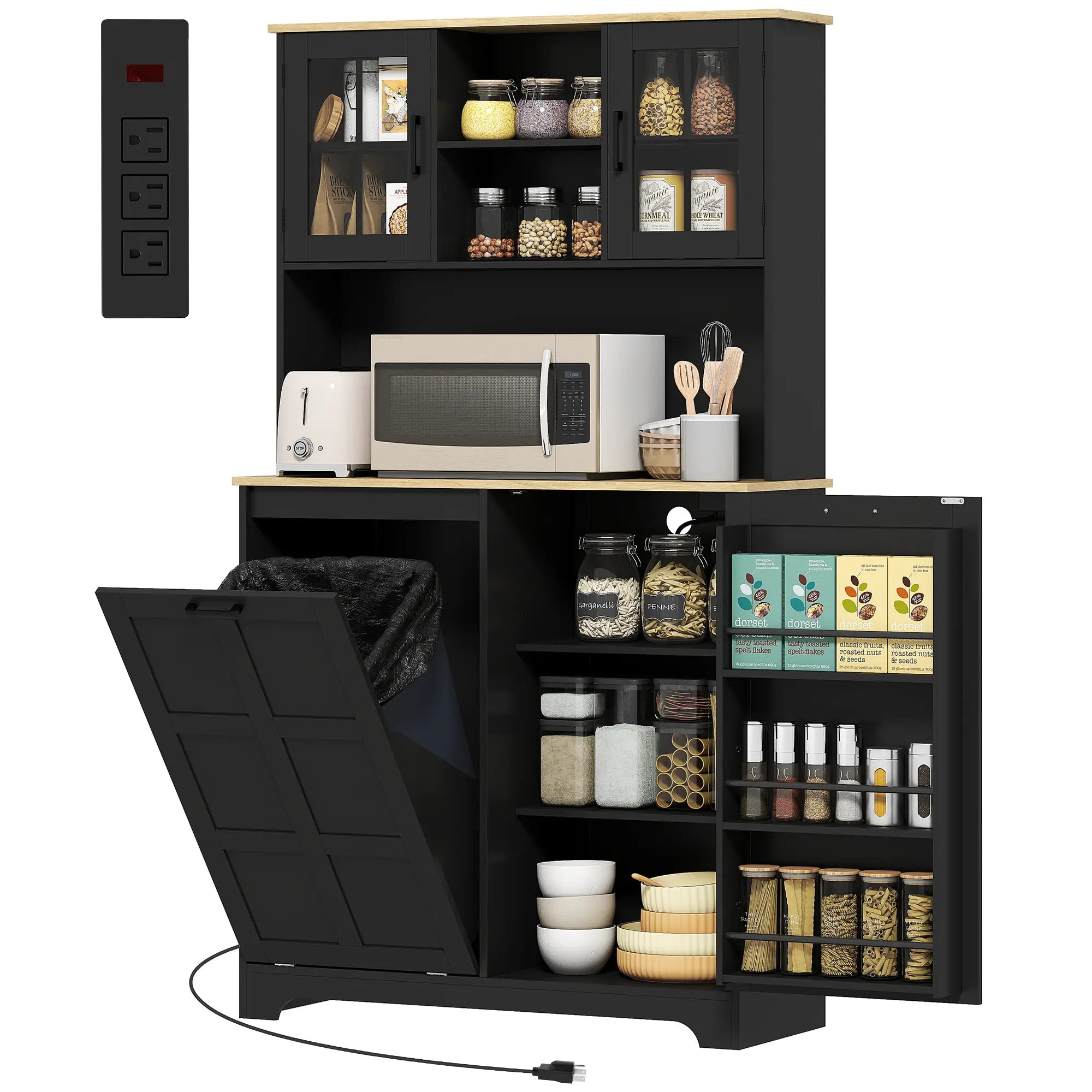 Kitchen Pantry Cabinet, 7 Gallon Trash Can, Adjustable Shelves, Acrylic Doors, Black Kitchen Pantry Cabinets Black, Natural at Gallery Canada
