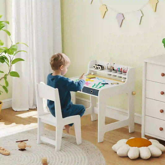 Kids Study Table and Chair Set, Art Desk with Storage Shelf, 3-8 Year Old Kids Desk Sets White at Gallery Canada
