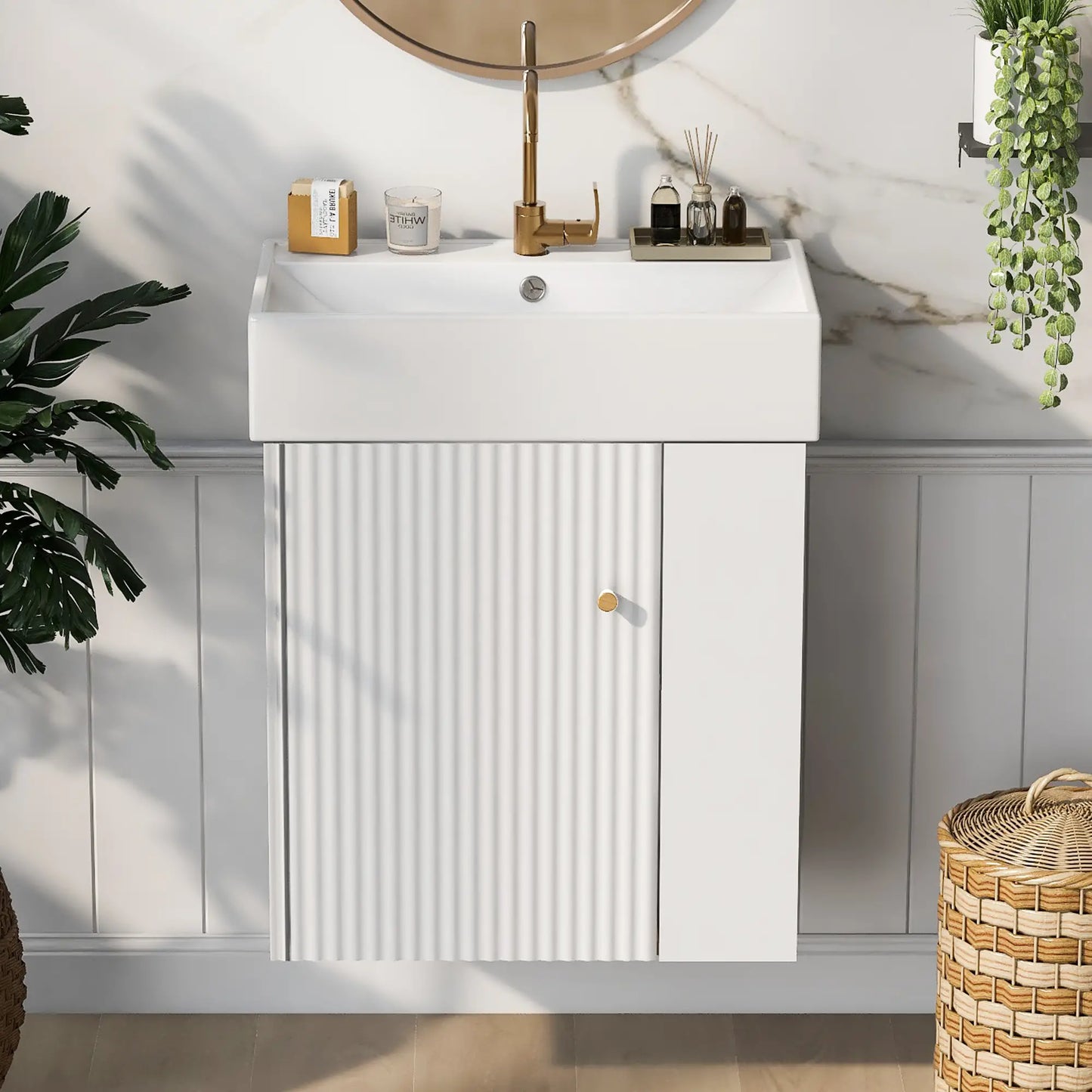 Floating Bathroom Vanity, Ceramic Basin, Right Storage, Rose Gold Handle, 21.5" L x 12" W x 26.5" H, White Sink Cabinets at Gallery Canada