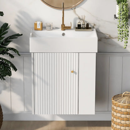 Floating Bathroom Vanity, Ceramic Basin, Right Storage, Rose Gold Handle, 21.5" L x 12" W x 26.5" H, White Sink Cabinets at Gallery Canada