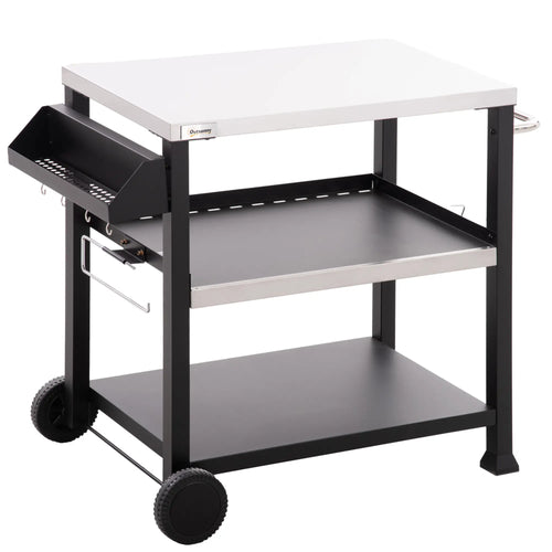 3-Shelf Outdoor Grill Cart, Stainless Steel Pizza Oven Stand On Wheels, Black