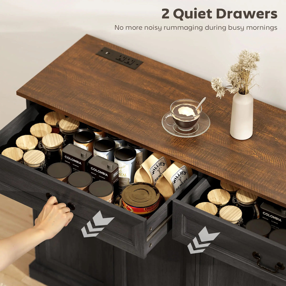 55" Buffet Cabinet, Black Wood Grain, Charging Station, 2 Drawers, Black Bar Cabinets at Gallery Canada
