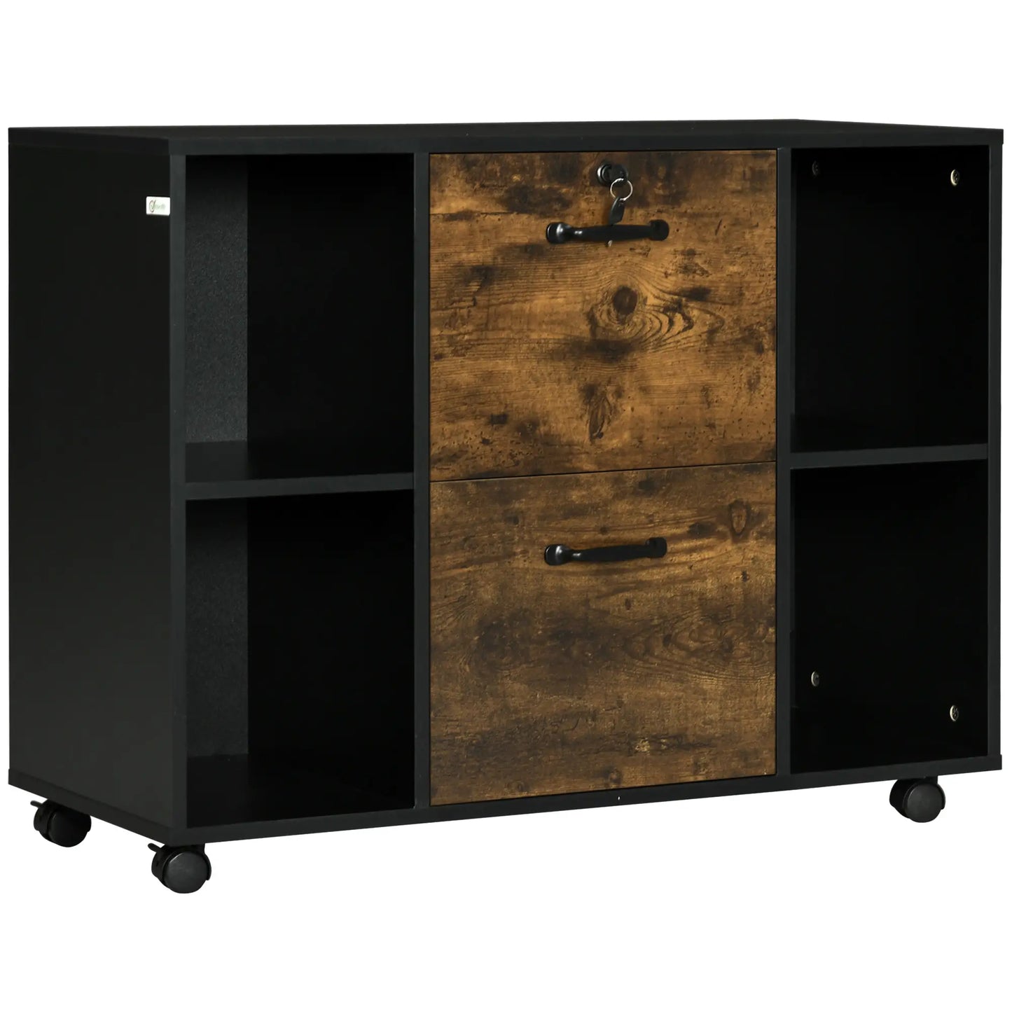 Lateral Filing Cabinet with Wheels, Lockable Drawer, Open Shelves, Rustic Brown Office Cabinets & Cupboards Rustic Brown, Black at Gallery Canada