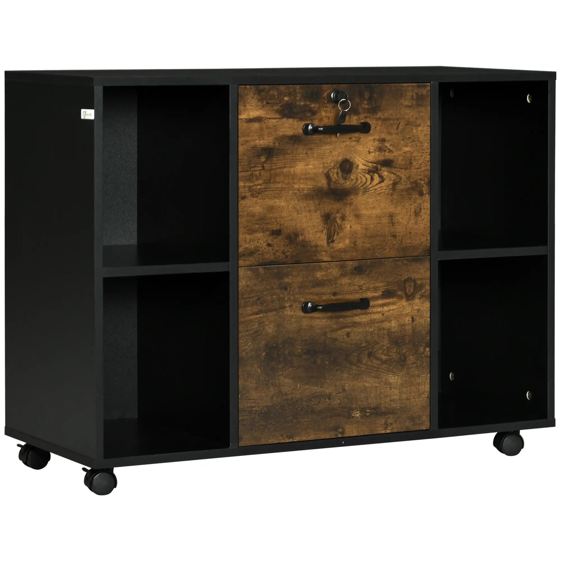Lateral Filing Cabinet with Wheels, Lockable Drawer, Open Shelves, Rustic Brown Office Cabinets & Cupboards Rustic Brown, Black at Gallery Canada