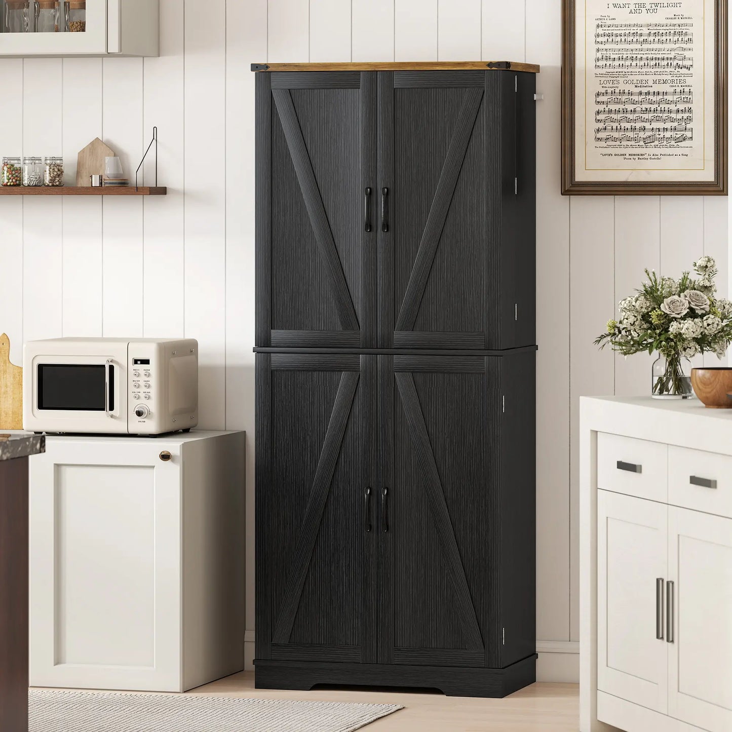 72 Inch Kitchen Pantry Cabinet, 4 Doors, Drawer, Shelves, Black Kitchen Pantry Cabinets at Gallery Canada