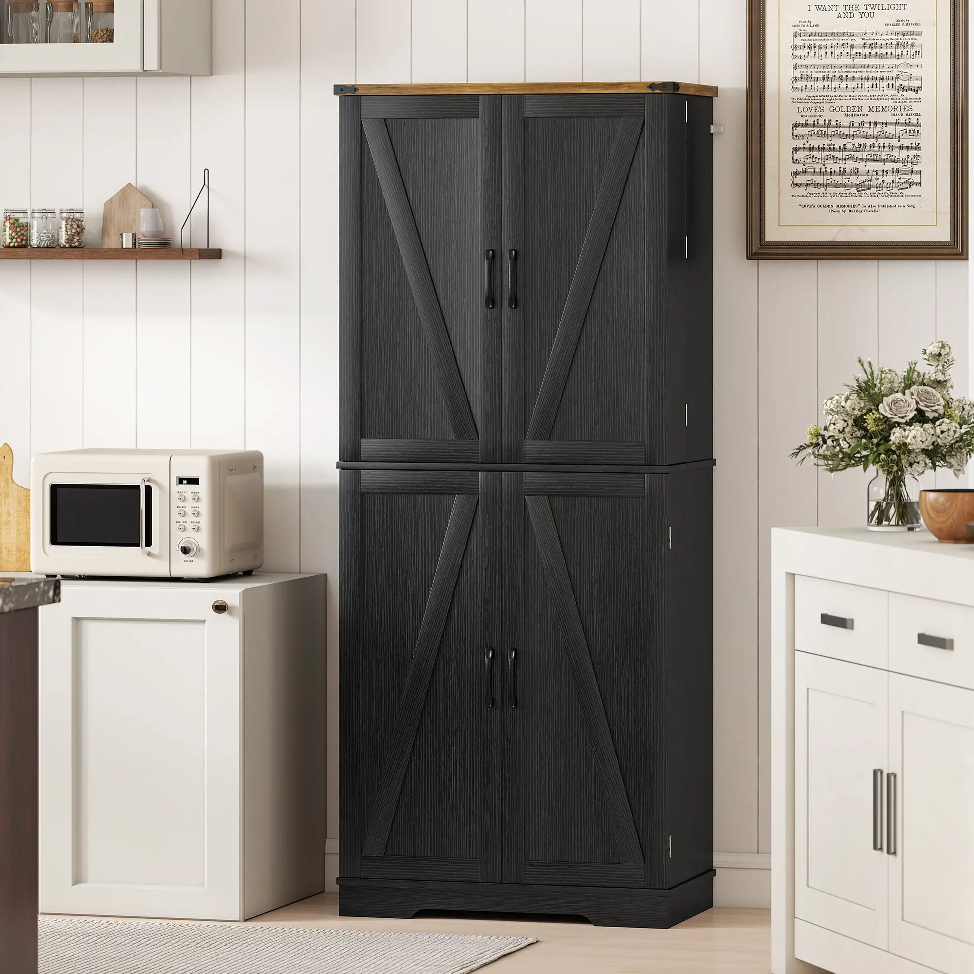 72 Inch Kitchen Pantry Cabinet, 4 Doors, Drawer, Shelves, Black Kitchen Pantry Cabinets at Gallery Canada