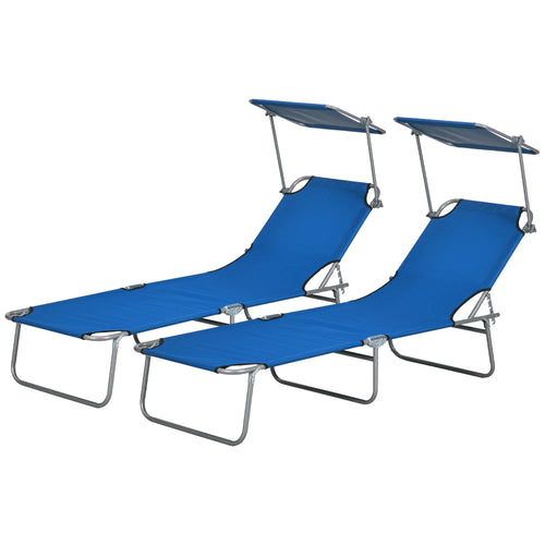 Outdoor Lounge Chair, Adjustable Folding Chaise With Sun Shade, Blue