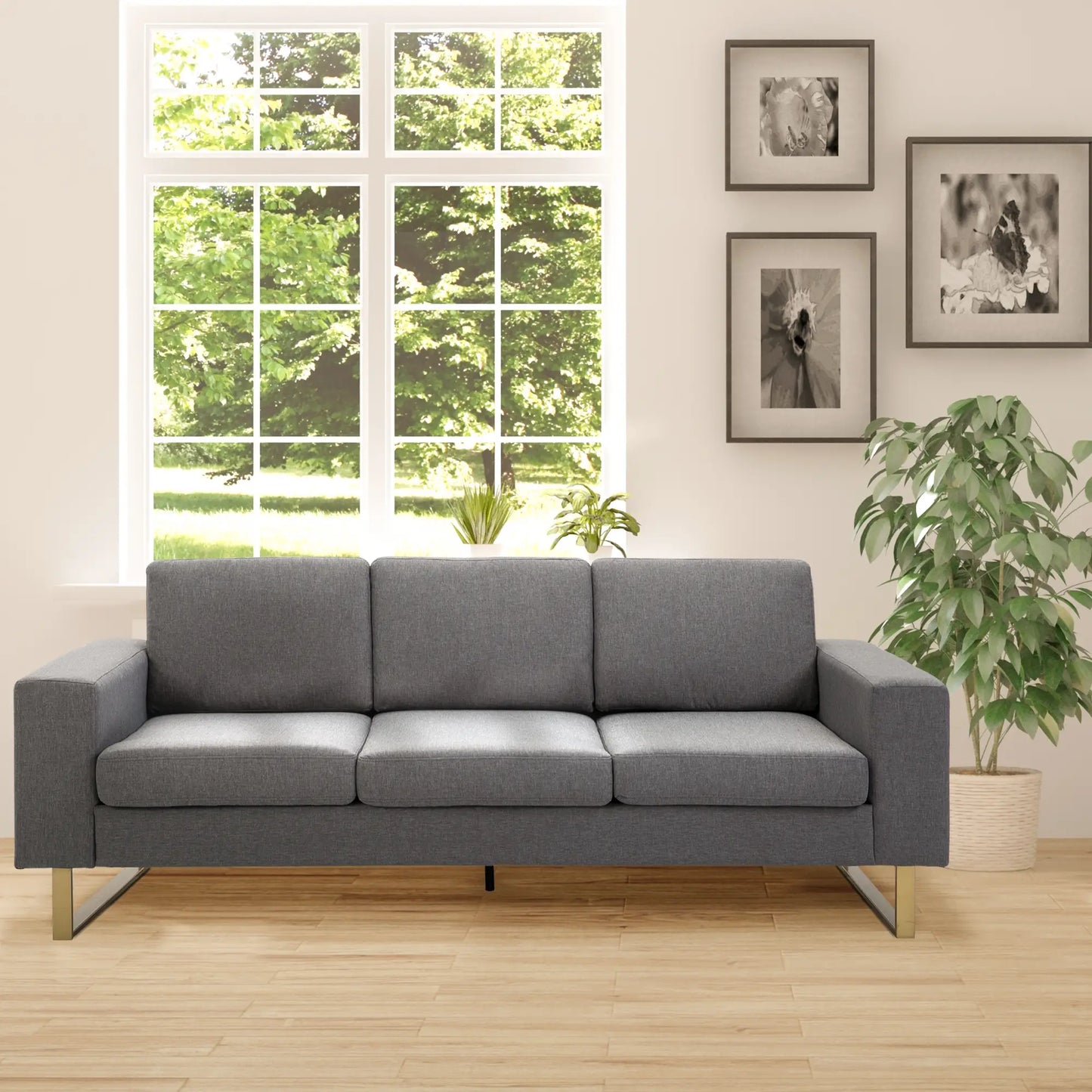 3 Seater Sofa, Linen Upholstered, Steel Leg, Wide Armrest, Grey 3-Seater Sofas at Gallery Canada