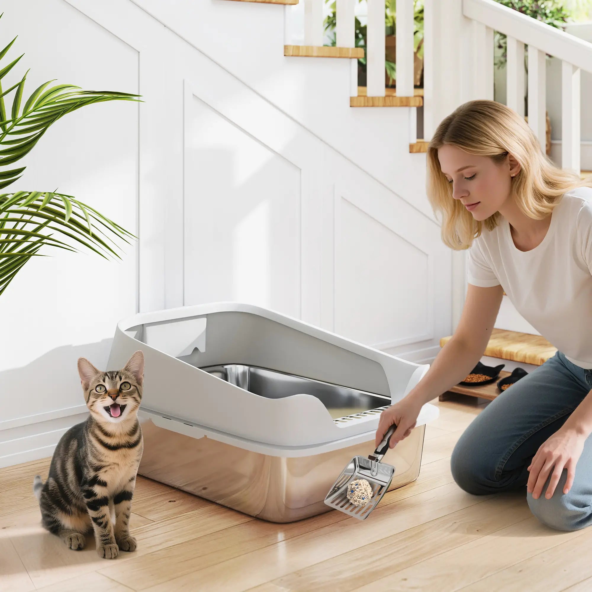 Stainless Steel Cat Litter Box, Metal Scoop, Anti Leakage, 24