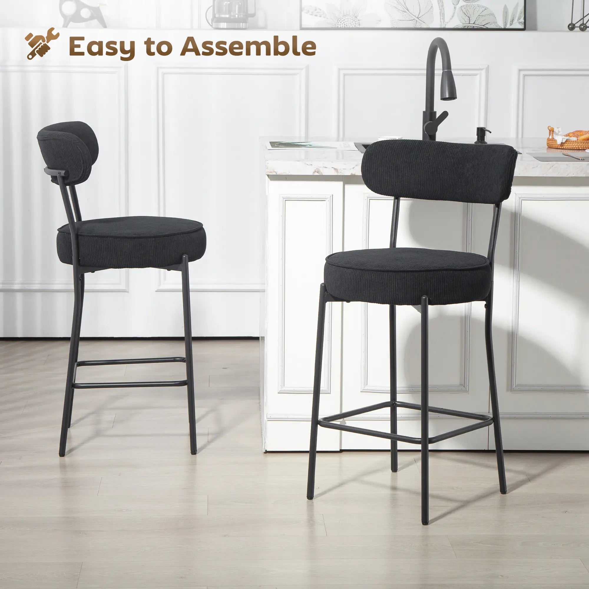 Set of 2 Barstools, Upholstered Corduroy, Backrest, Footrest, Black Bar Stools at Gallery Canada