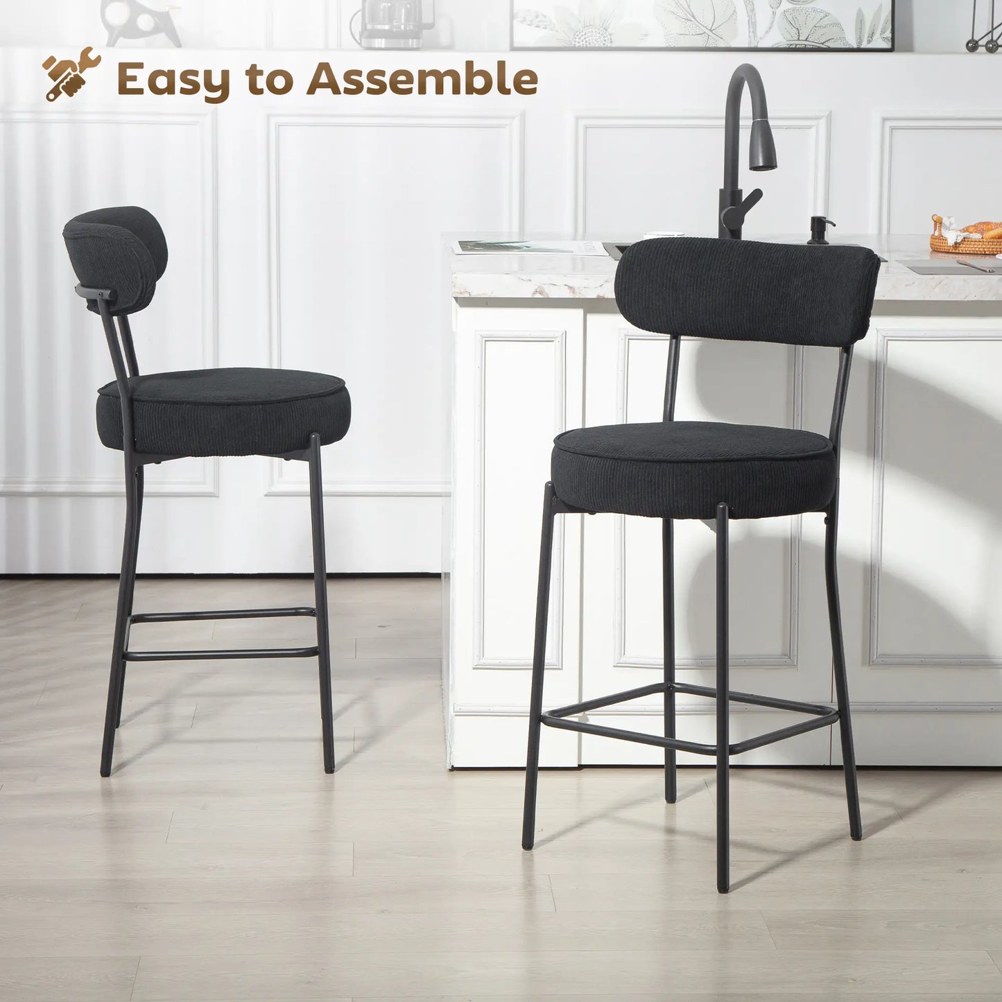 Set of 2 Barstools, Upholstered Corduroy, Backrest, Footrest, Black Bar Stools at Gallery Canada