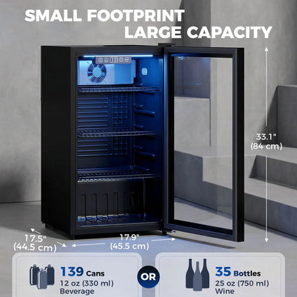 3.2 Cu.Ft Beverage Refrigerator, 139 Can Beverage Fridge Cooler with Double-Layer Glass Door Small Kitchen Appliances at Gallery Canada