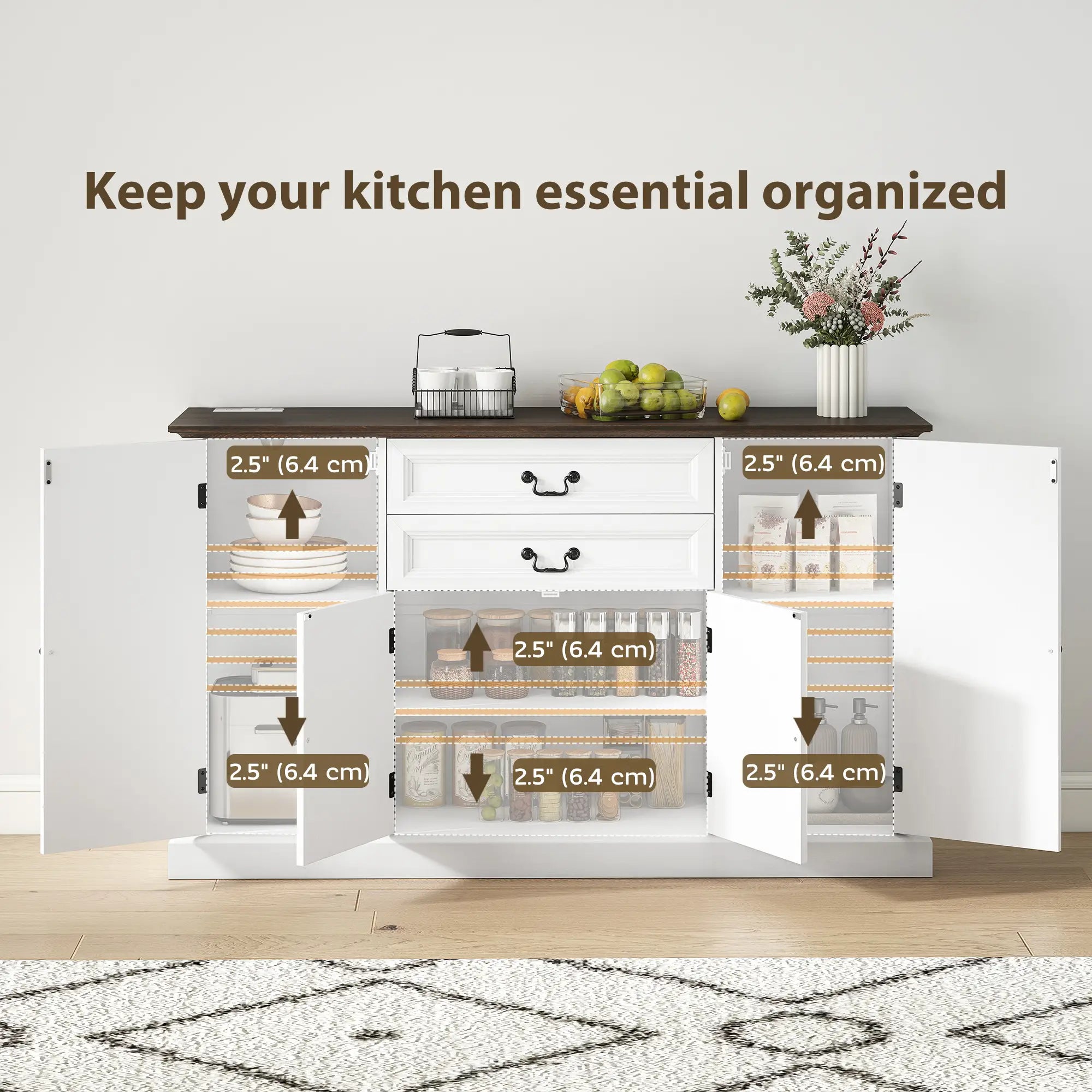 Farmhouse Sideboard with Charging Station, 58 Inch Buffet Cabinet, White Storage Cabinets at Gallery Canada