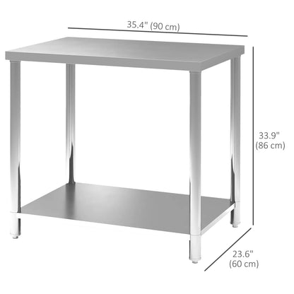 Stainless Steel Workbench, 35 x 24 x 34 Inch, Heavy Duty Table With Shelf