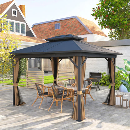 10' x 12' Hardtop Gazebo, Double Tier Roof, Mosquito Net, Dark Brown Gazebos at Gallery Canada