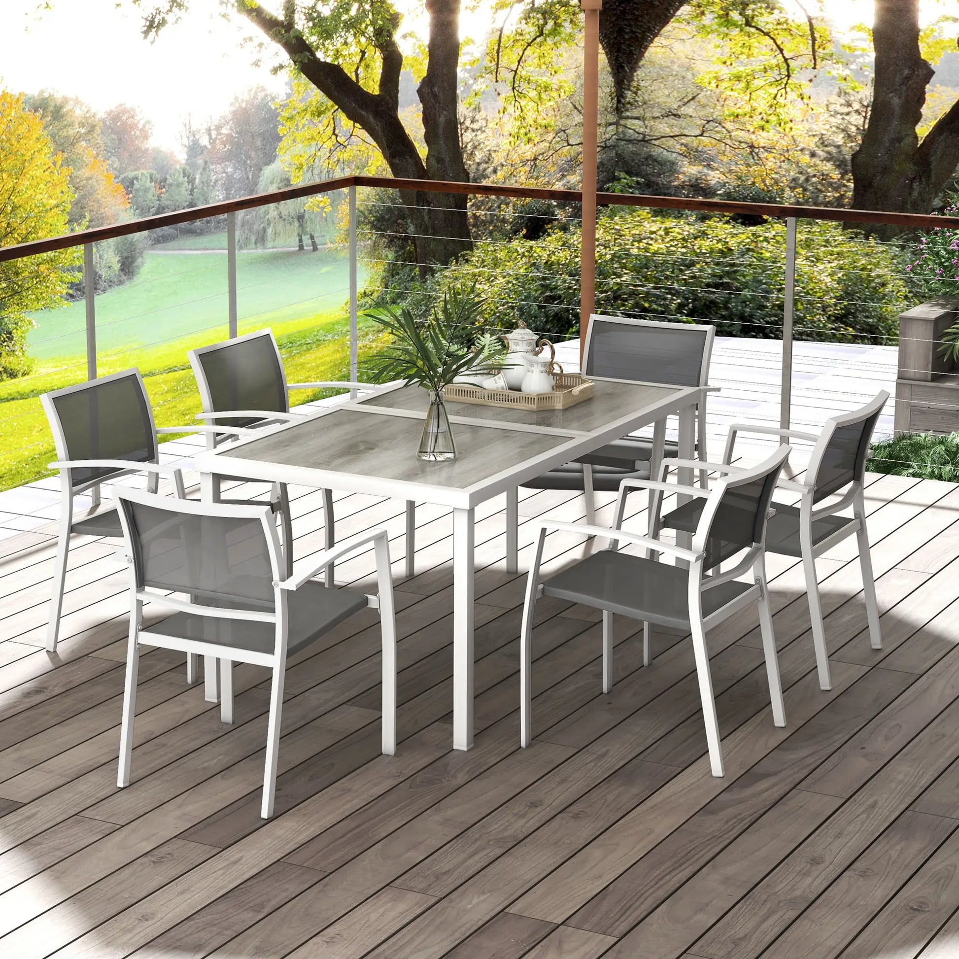 7 Pieces Outdoor Dining Set with 6 Stackable Chairs, Patio Table and Chairs with Plastic Top, Breathable Mesh Seat Back Outdoor Dining Sets at Gallery Canada