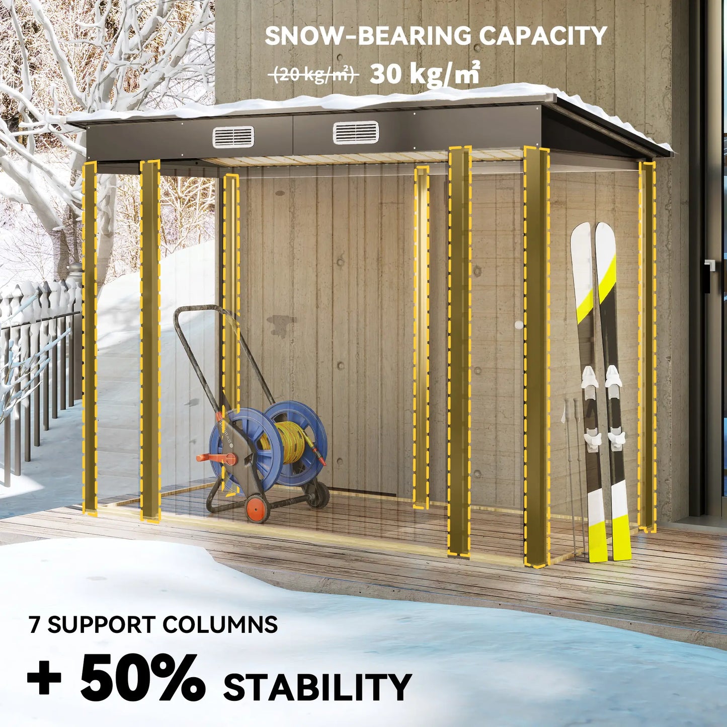 8x4FT Galvanized Metal Garden Storage Shed, Double Doors, 2 Vents, Oak