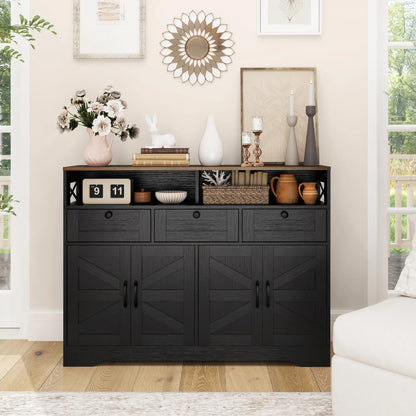 Sideboard, Buffet Cabinet with 4 Barn Doors, 3 Drawers, Black Storage Cabinets at Gallery Canada