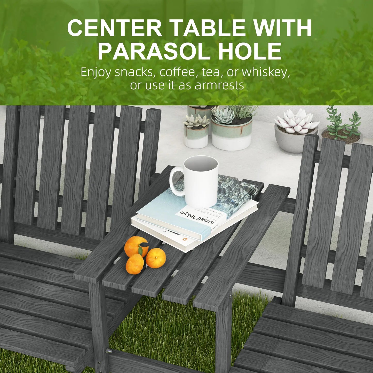 2-Seater Garden Bench with Middle Table, Umbrella Hole, Grey Patio Chairs at Gallery Canada