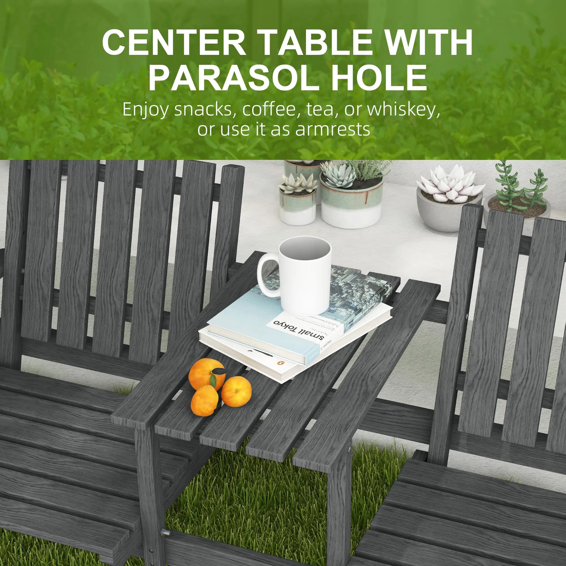 2-Seater Garden Bench with Middle Table, Umbrella Hole, Grey Patio Chairs at Gallery Canada