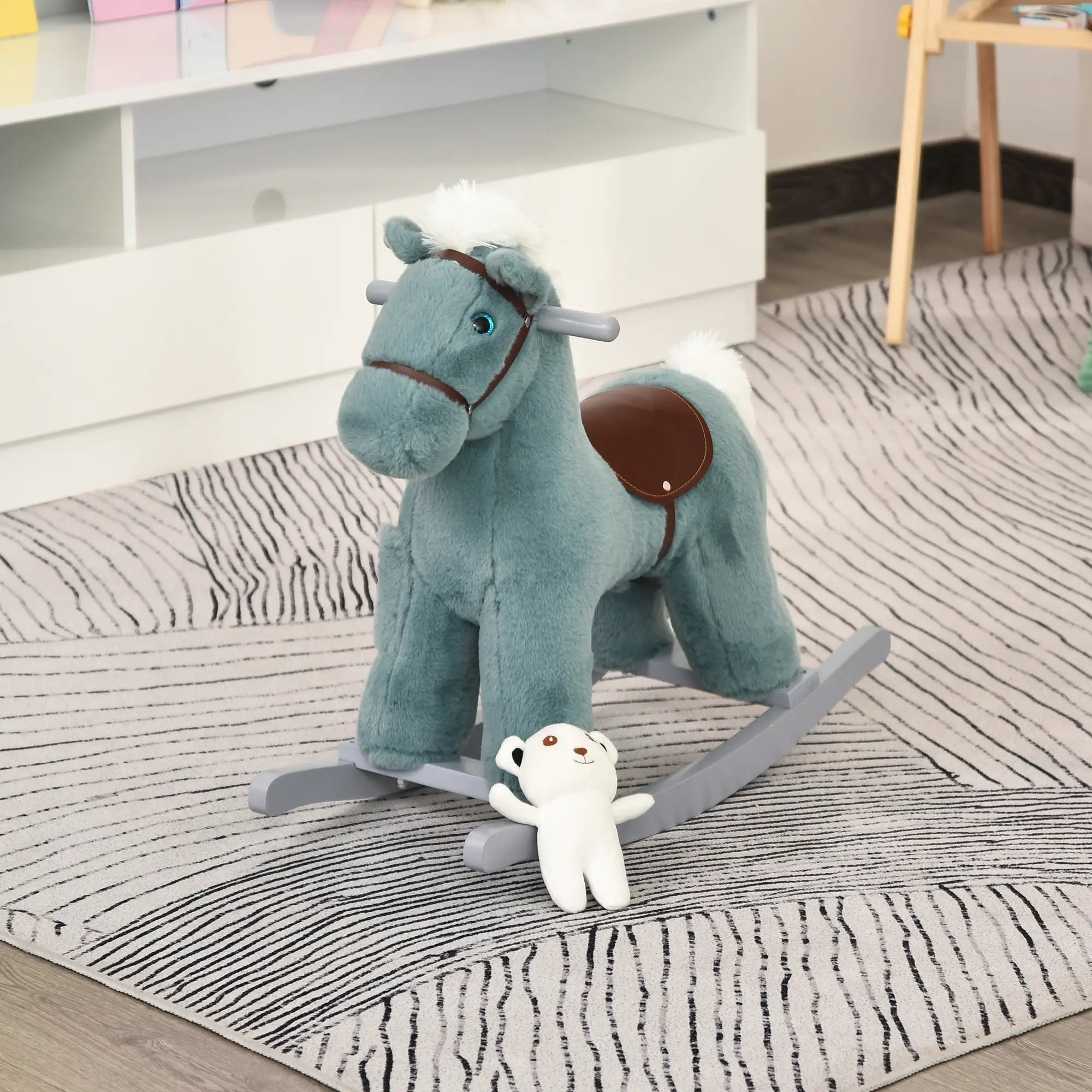 Kids Plush Ride-On Rocking Horse, Soft Bear Toy, Realistic Sounds, Blue Rocking Horses at Gallery Canada