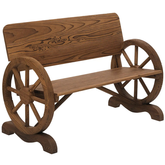 Wooden Wagon Wheel Bench, Rustic 2 Seater, Garden Outdoor Chair Outdoor Benches Carbonized Brown at Gallery Canada