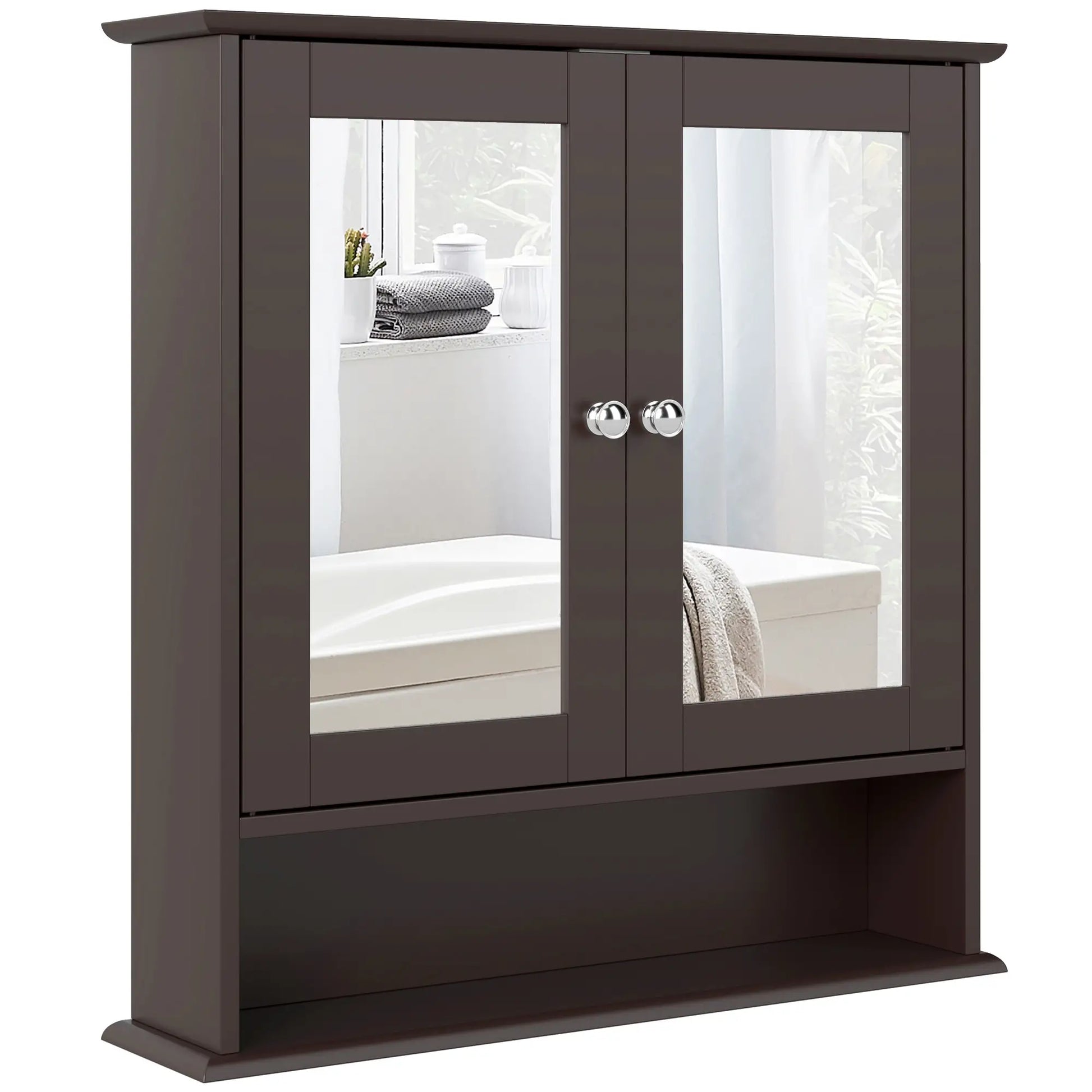 Wall-Mounted Medicine Cabinet, Double Doors, Open Shelf, Adjustable, Dark Brown Mirror Medicine Cabinets at Gallery Canada