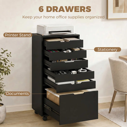 Mobile File Cabinet On Wheels, 5 Drawer Printer Stand, Black