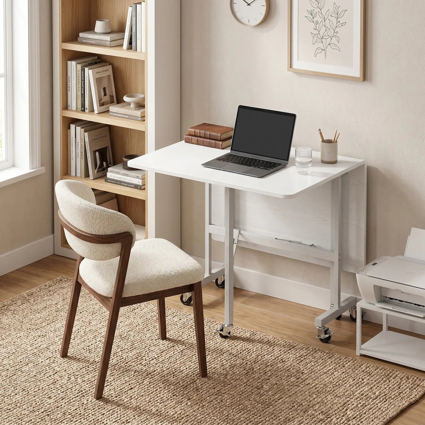 Six-Seater Drop-Leaf Dining Table with Wheels, White