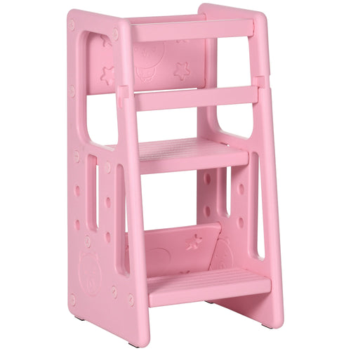 Toddler Kitchen Helper 2 Step Stool with Adjustable Height Platform and Safety Rail, Pink