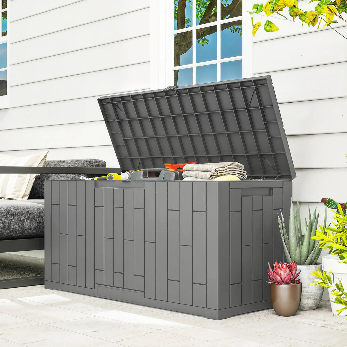 60 Gallon Resin Deck Box, Lockable Outdoor Storage, Splash And UV Resistant Patio Storage Boxes at Gallery Canada