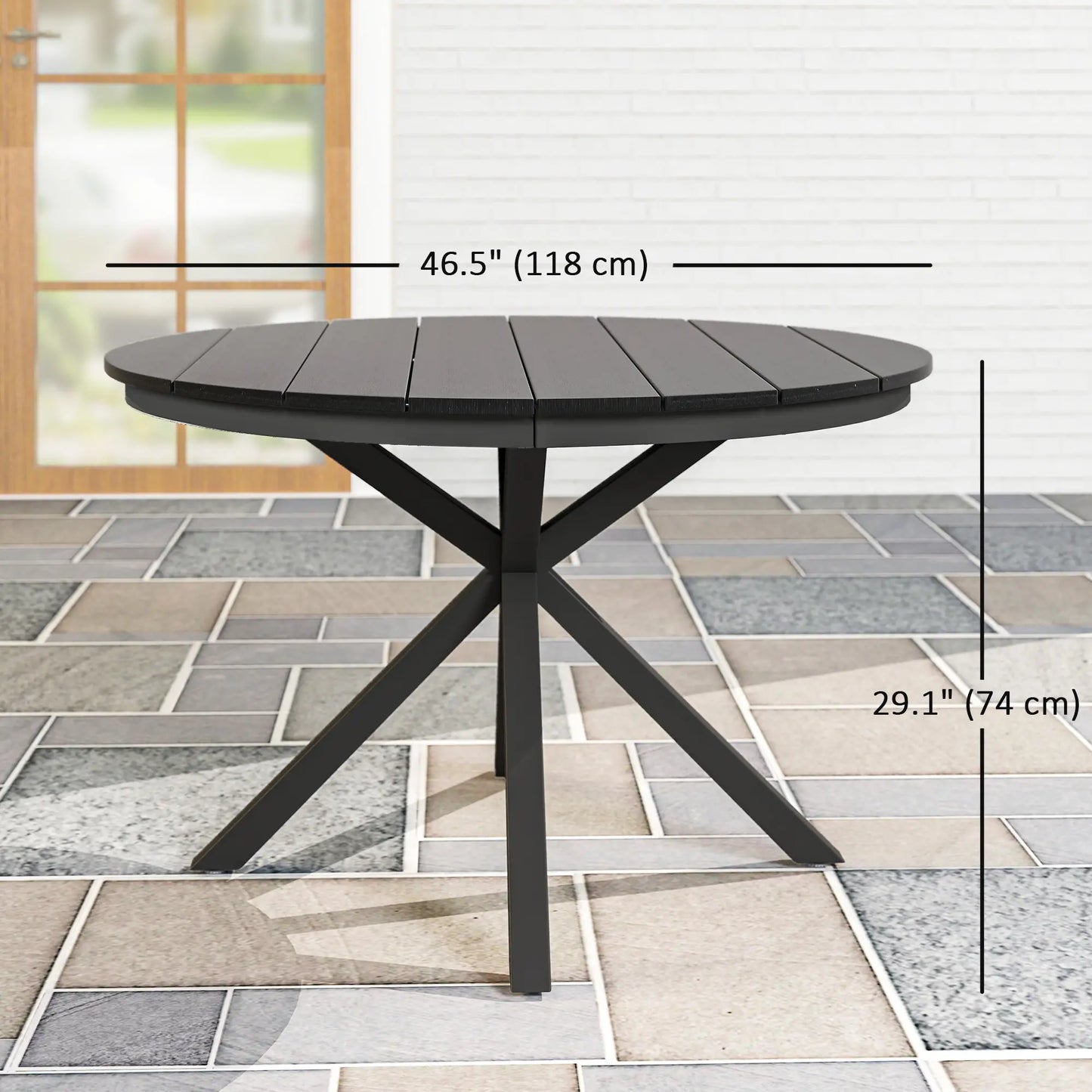 46.5" Round Outdoor Dining Table For 6, Slatted Top, Black Patio Dining Tables at Gallery Canada