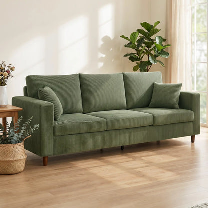 Canapé en velours côtelé 3 places, coussin à ressorts à assise profonde, vert