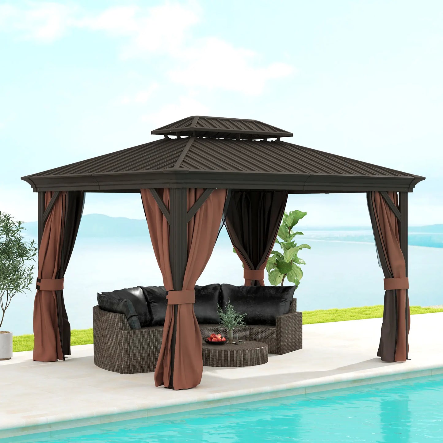 10' x 12' Outdoor Hardtop Gazebo, Galvanized Canopy, Netting Sidewalls, Dark Brown Gazebos at Gallery Canada